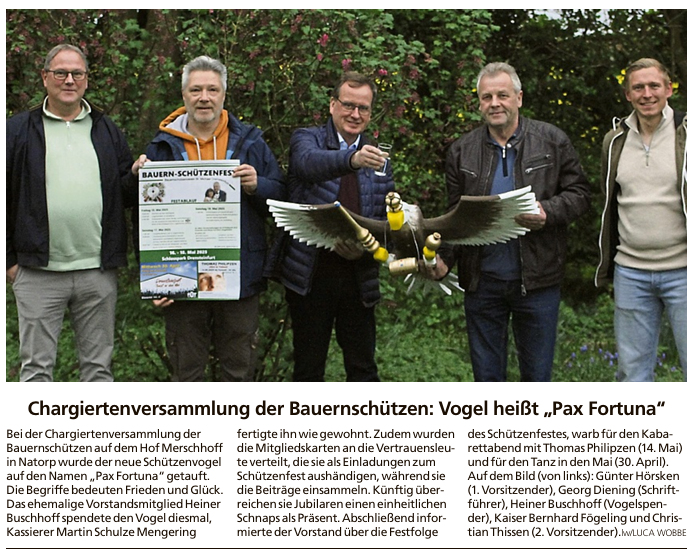 Chargiertenversammlung der Bauernschützen: Vogel heißt „Pax Fortuna“